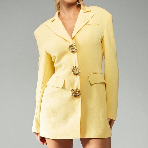 Yellow Elegant Women's Button Detail Structured Linen Blazer Dress - Picture 2 of 6